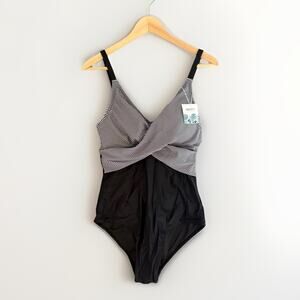 B2Prity Women's One Piece Swimsuit Tummy Control Front Cross Black & White Large